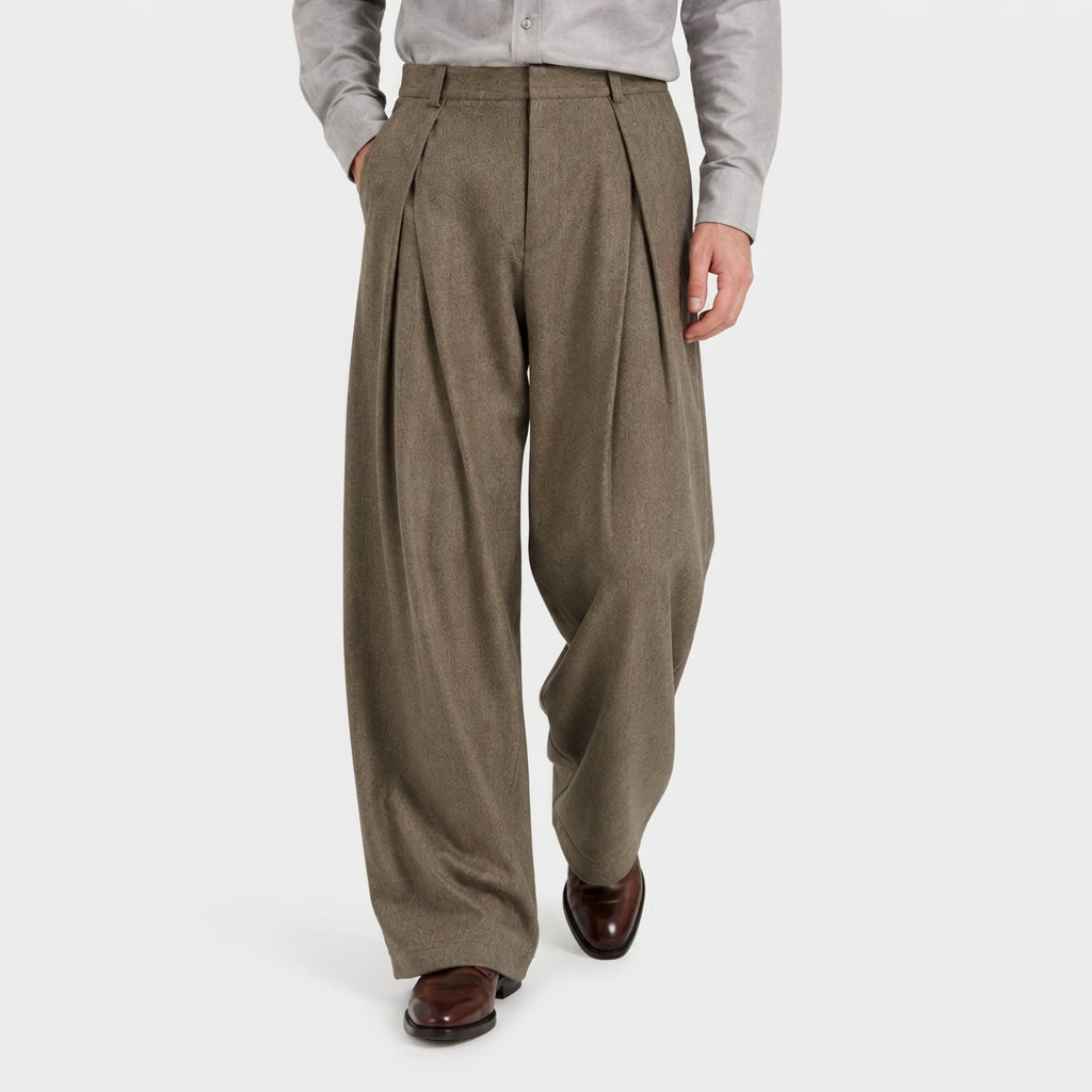 Wide Leg Pleated Trousers High Rise Wool Blend for Men