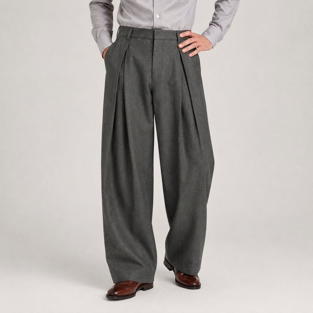 Wide Leg Pleated Trousers High Rise Wool Blend for Men