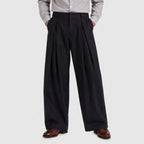 Wide Leg Pleated Trousers High Rise Wool Blend for Men