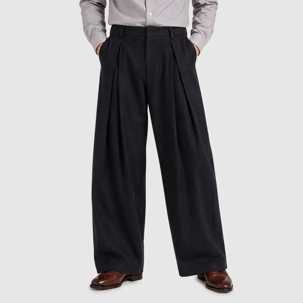 Wide Leg Pleated Trousers High Rise Wool Blend for Men