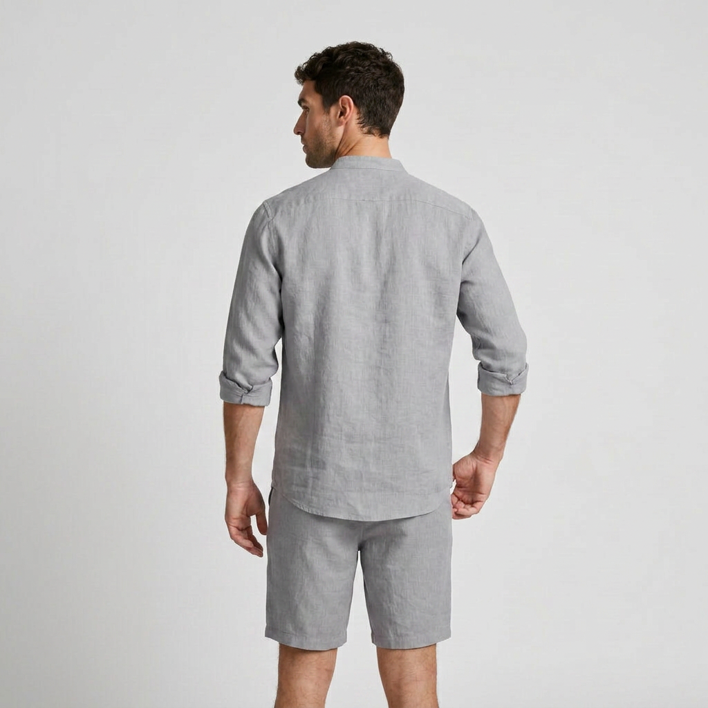 Men's Linen Mandarin Collar Shirt And Shorts Set