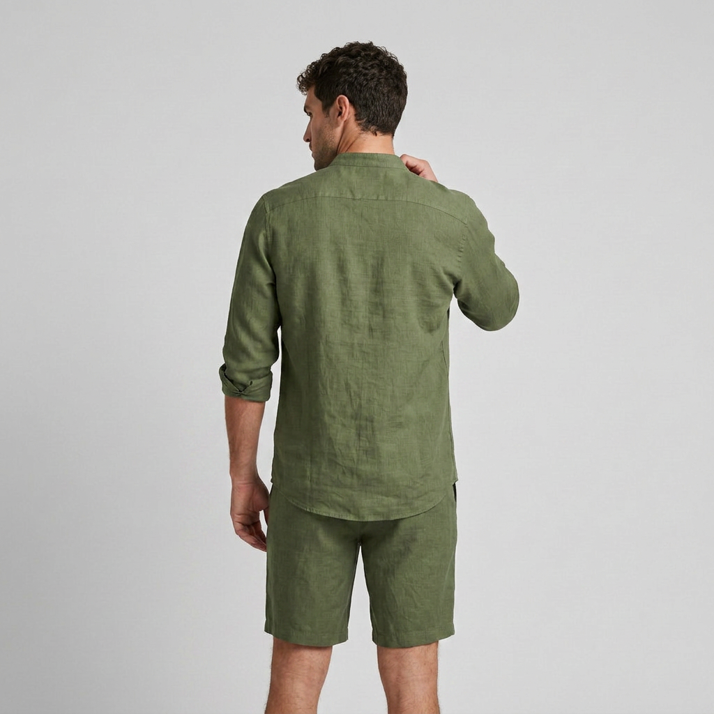 Men's Linen Mandarin Collar Shirt And Shorts Set