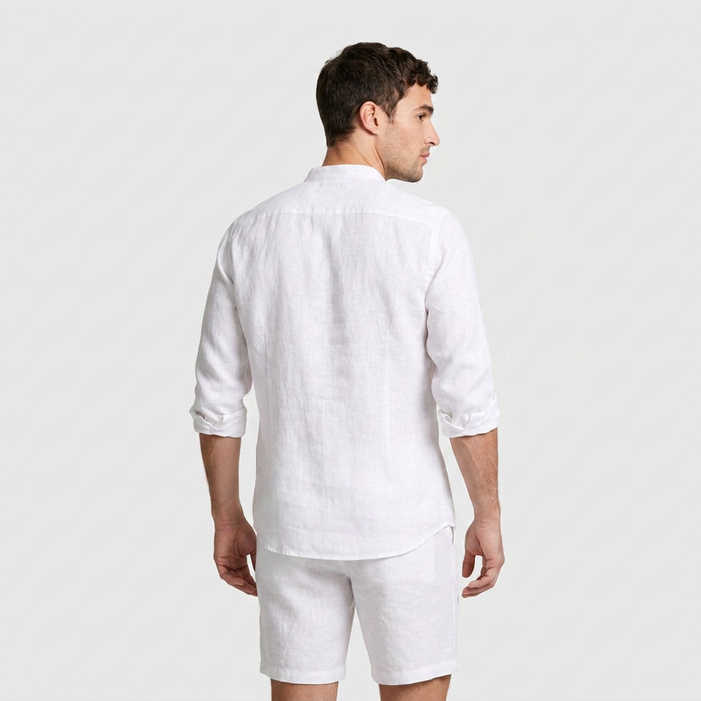 Linen Mandarin Collar Shirt And Shorts Set for Men