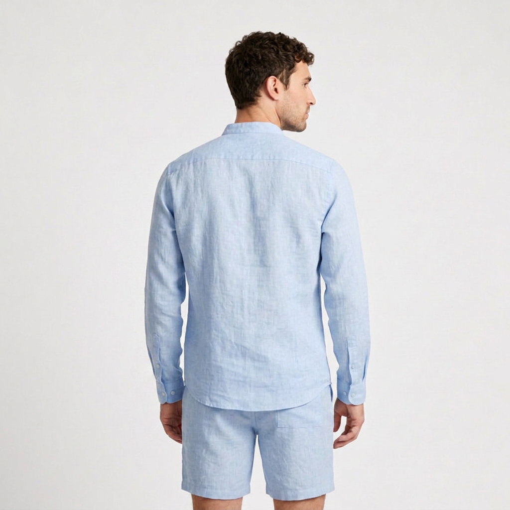 Linen Mandarin Collar Shirt And Shorts Set for Men