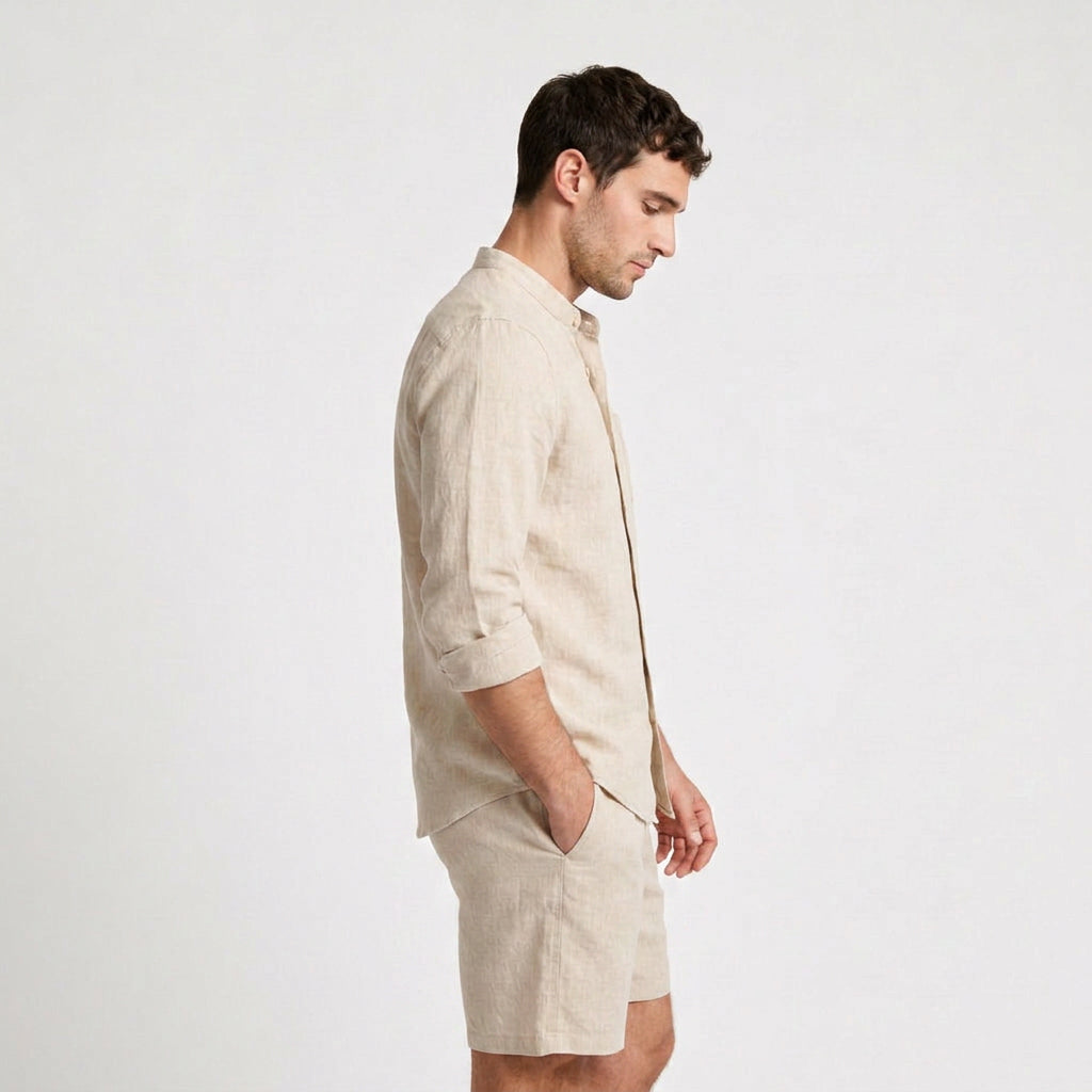 Men's Linen Mandarin Collar Shirt And Shorts Set