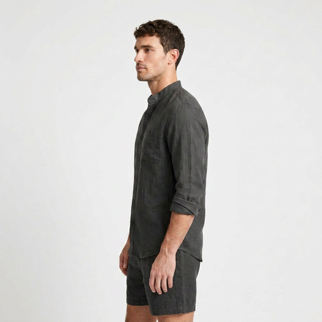 Men's Linen Mandarin Collar Shirt And Shorts Set