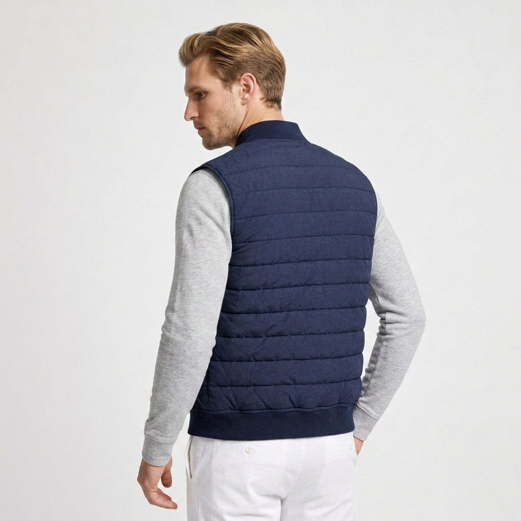 Quilted Bomber Vest Full Zip Ribbed Collar for Men