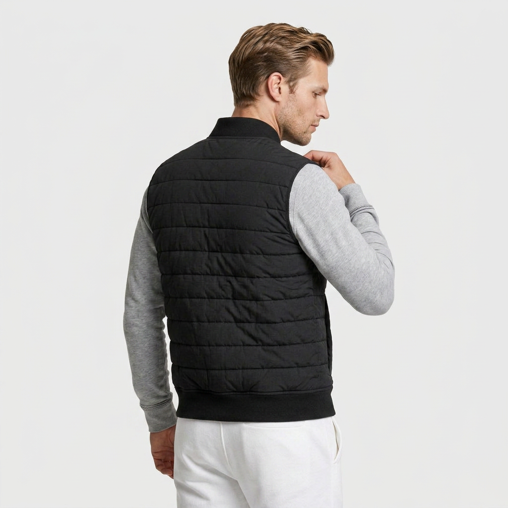 Men's Quilted Bomber Vest Full Zip Ribbed Collar