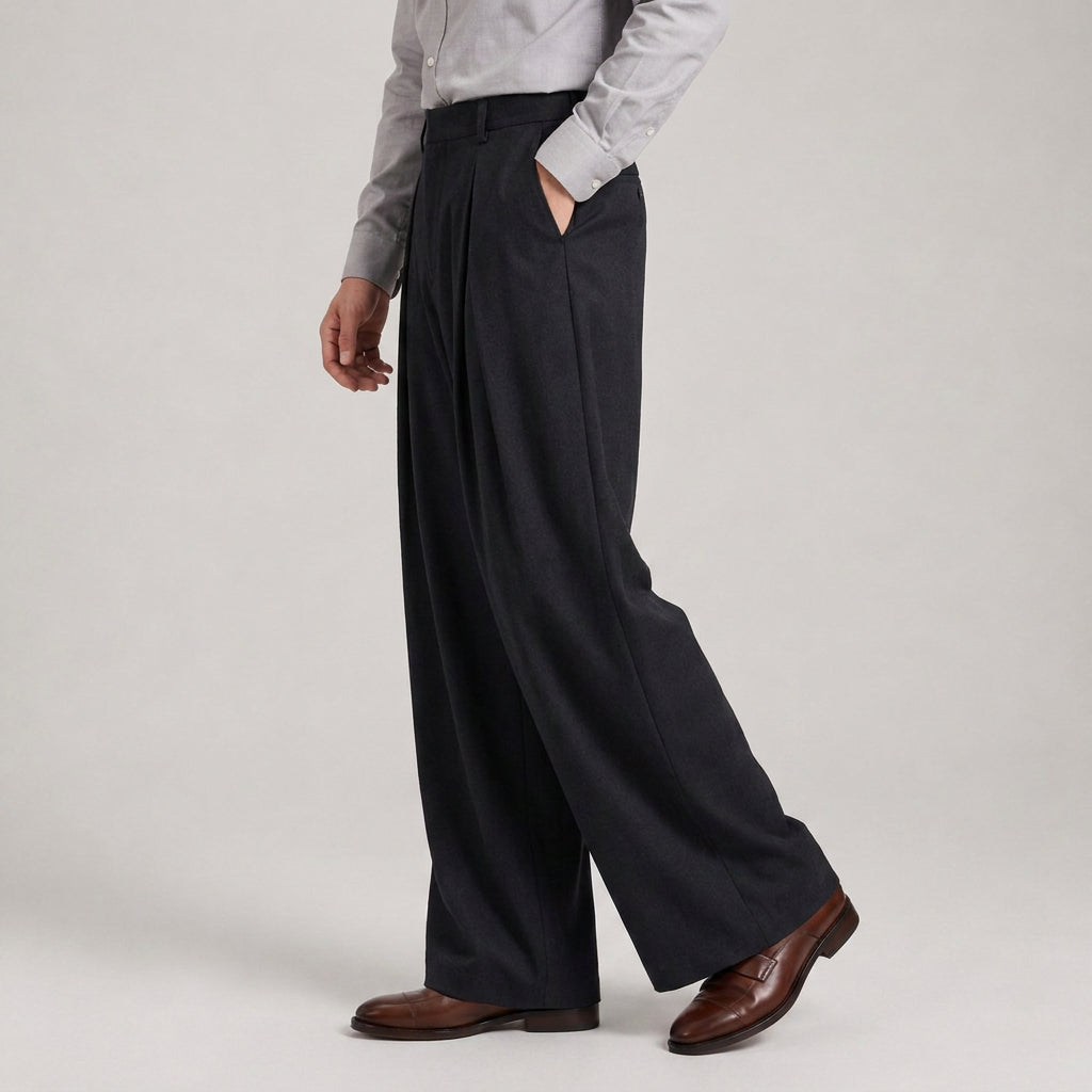 Wide Leg Pleated Trousers High Rise Wool Blend for Men