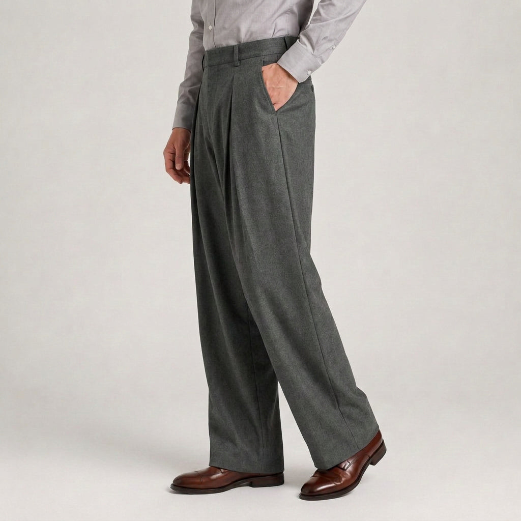 Wide Leg Pleated Trousers High Rise Wool Blend for Men