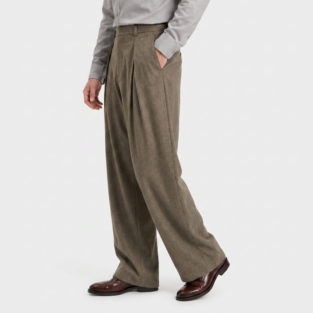 Wide Leg Pleated Trousers High Rise Wool Blend for Men