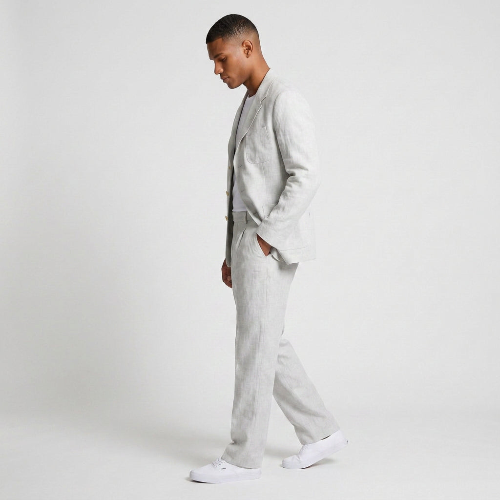 Linen Two-Piece Suit Relaxed Fit Gold Buttons for Men