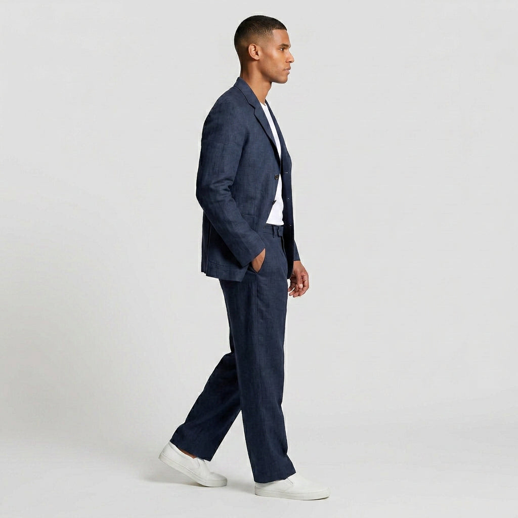 Linen Two-Piece Suit Relaxed Fit Gold Buttons for Men