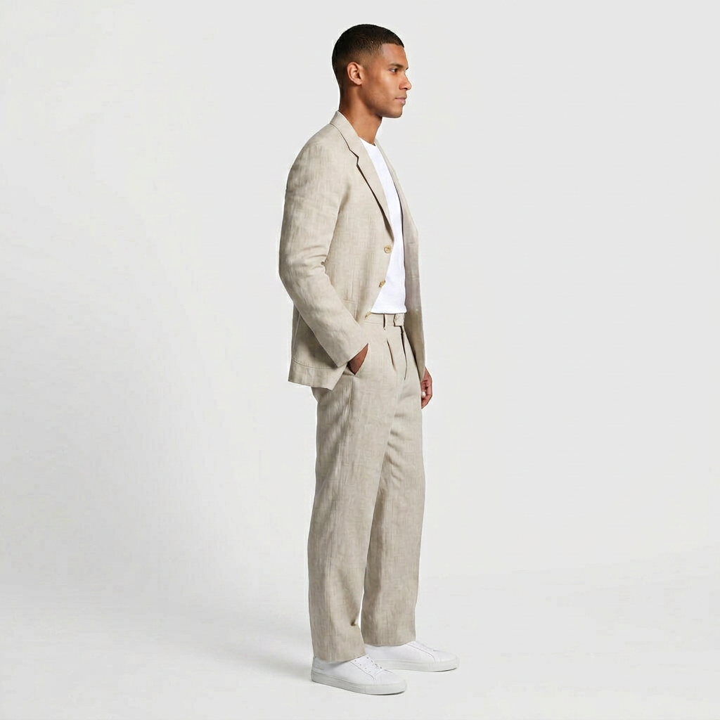 Linen Two-Piece Suit Relaxed Fit Gold Buttons for Men