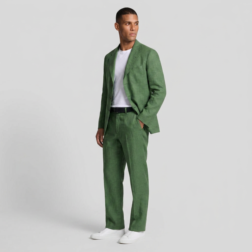 Linen Two-Piece Suit Relaxed Fit Gold Buttons for Men