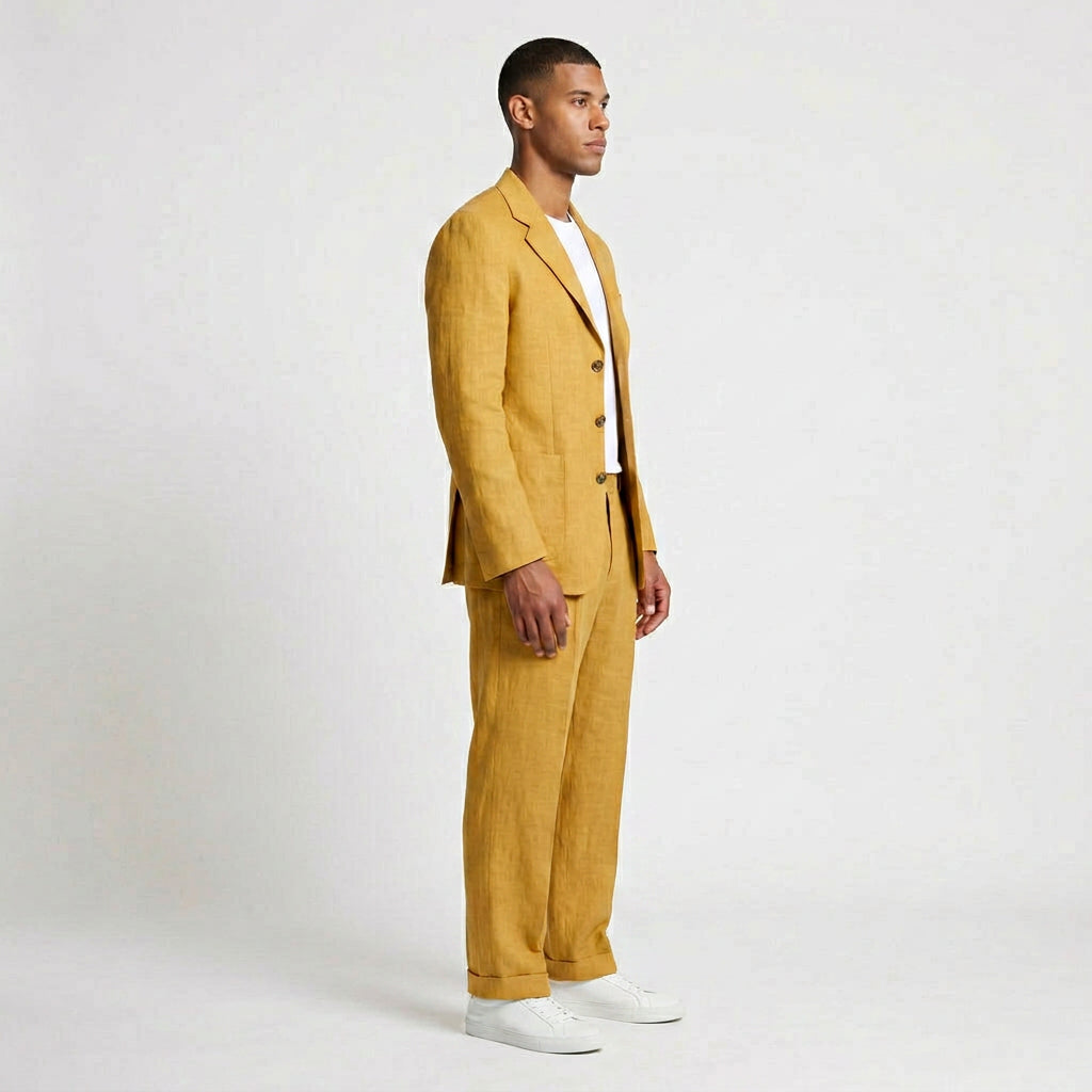 Linen Two-Piece Suit Relaxed Fit Gold Buttons for Men