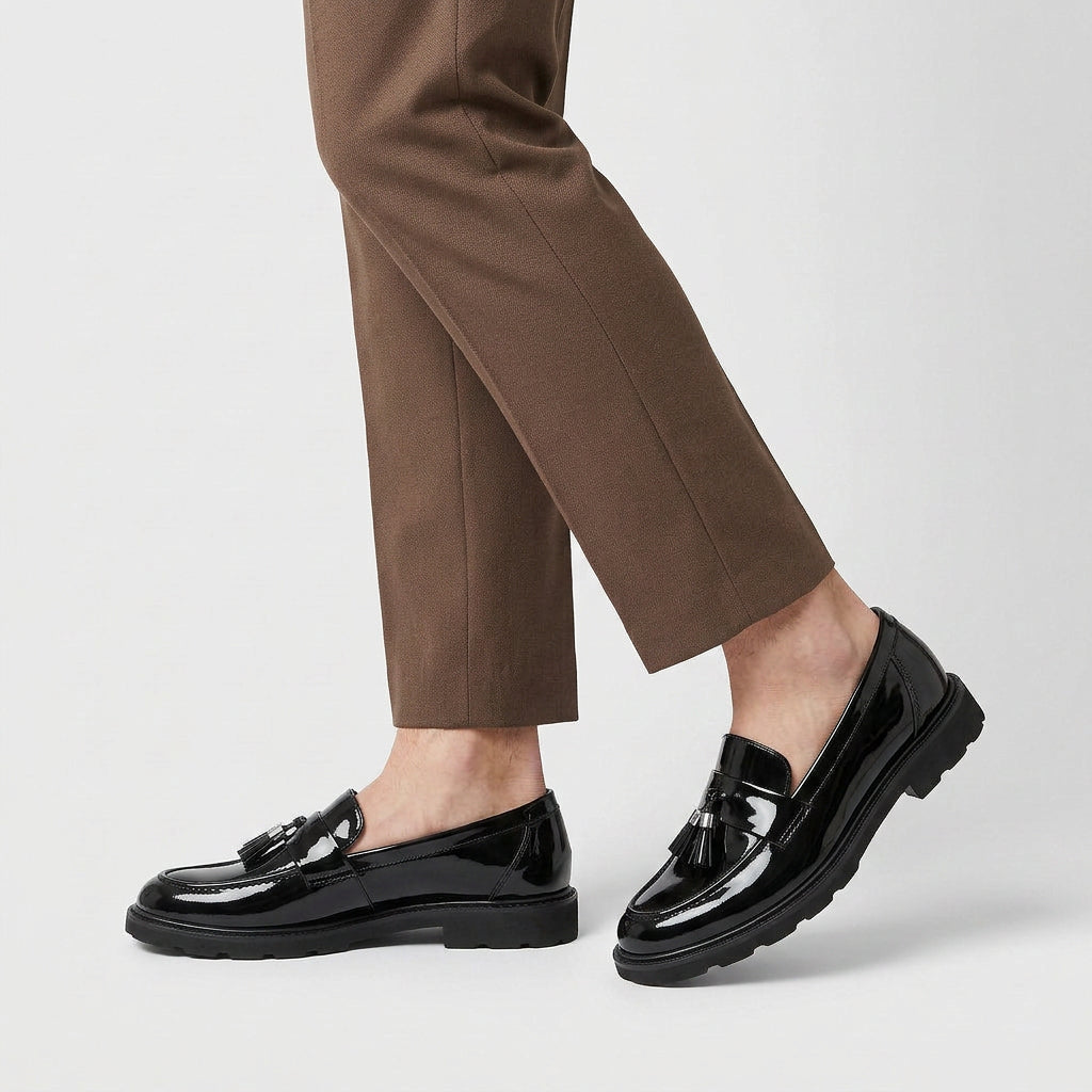 Patent Leather Tassel Loafers Chunky Sole for Men