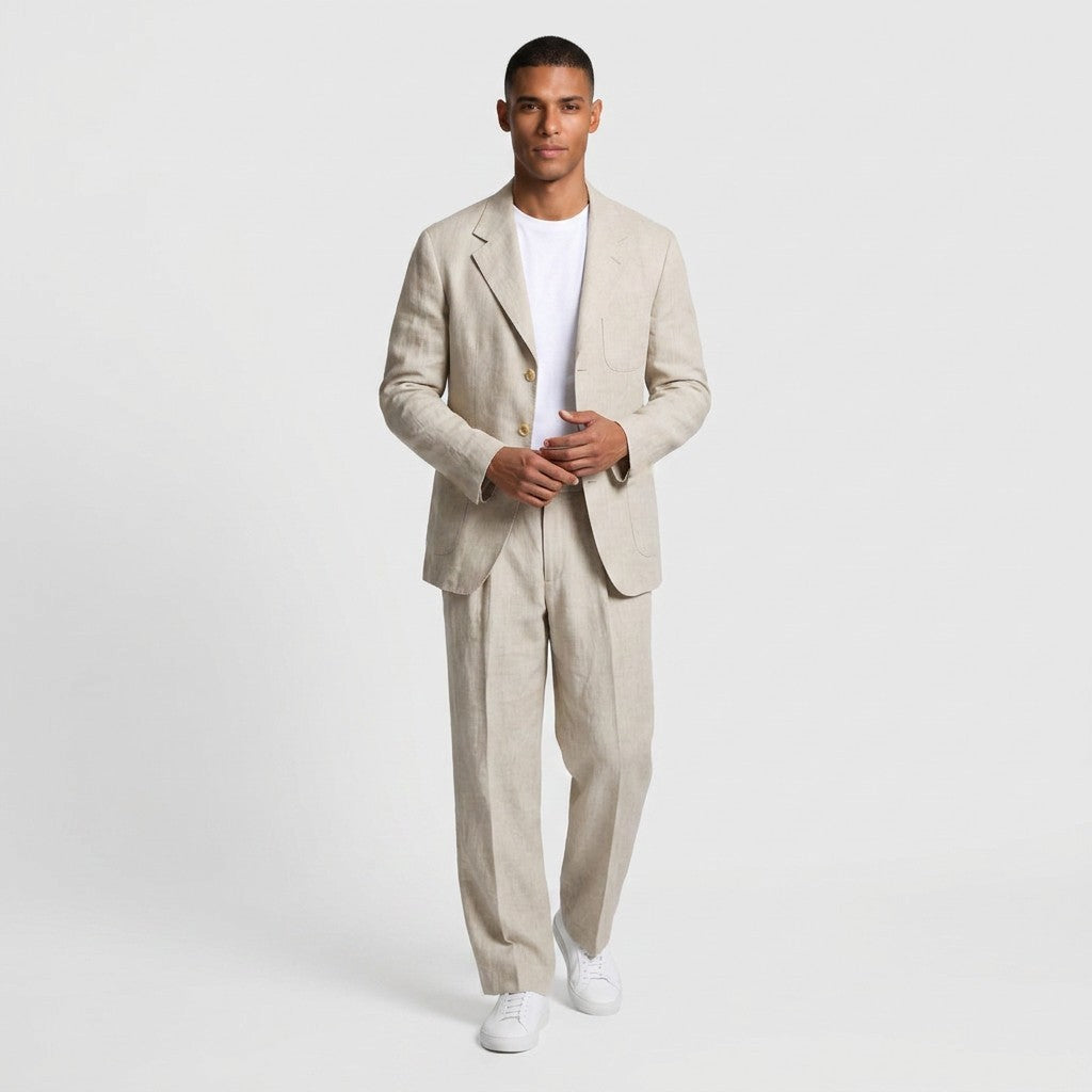 Linen Two-Piece Suit Relaxed Fit Gold Buttons for Men