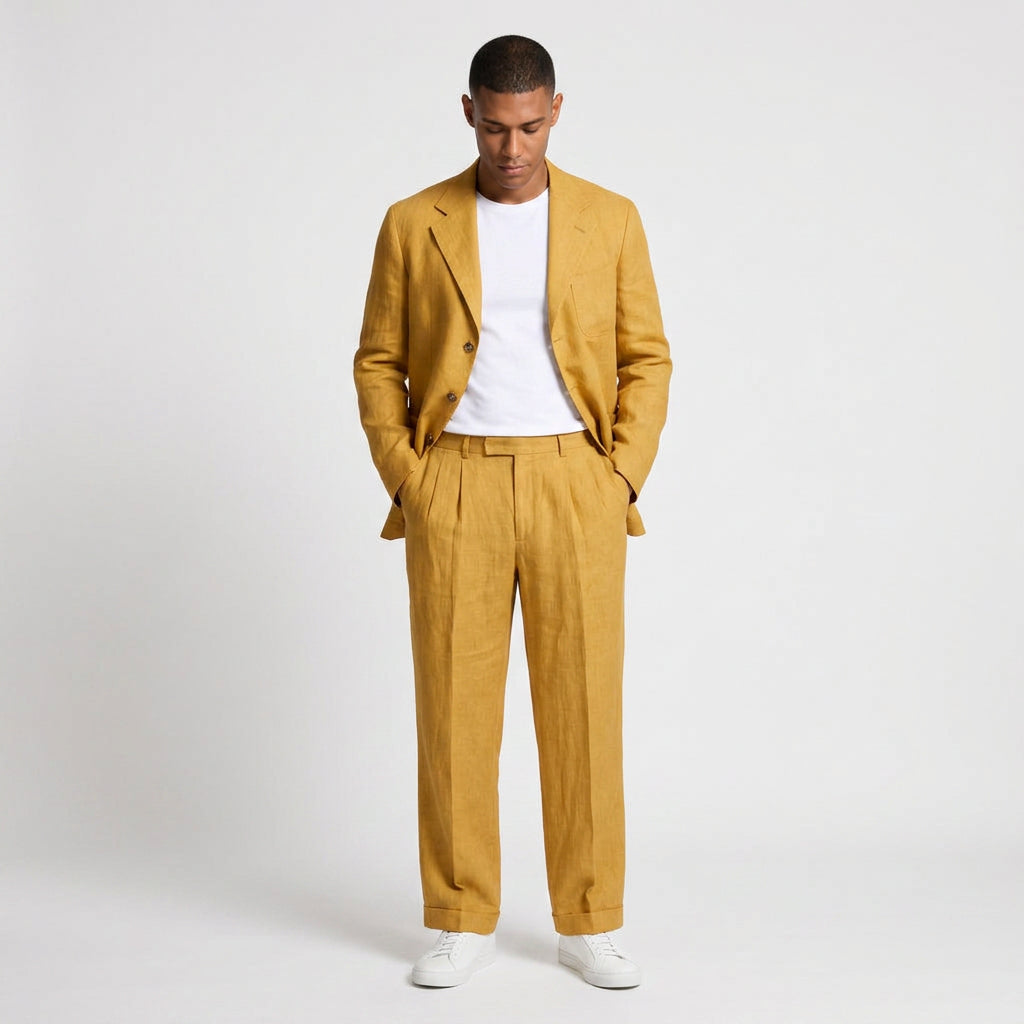Linen Two-Piece Suit Relaxed Fit Gold Buttons for Men
