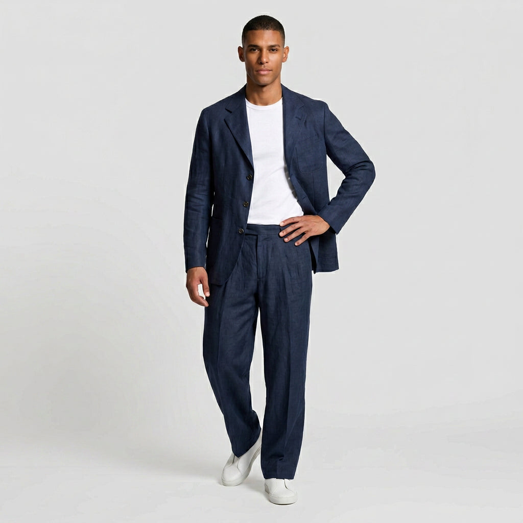 Linen Two-Piece Suit Relaxed Fit Gold Buttons for Men