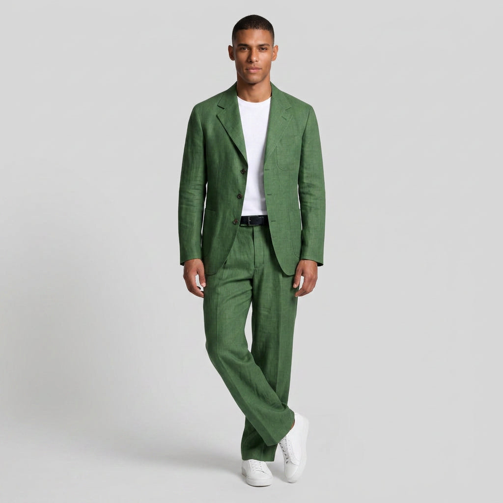 Linen Two-Piece Suit Relaxed Fit Gold Buttons for Men
