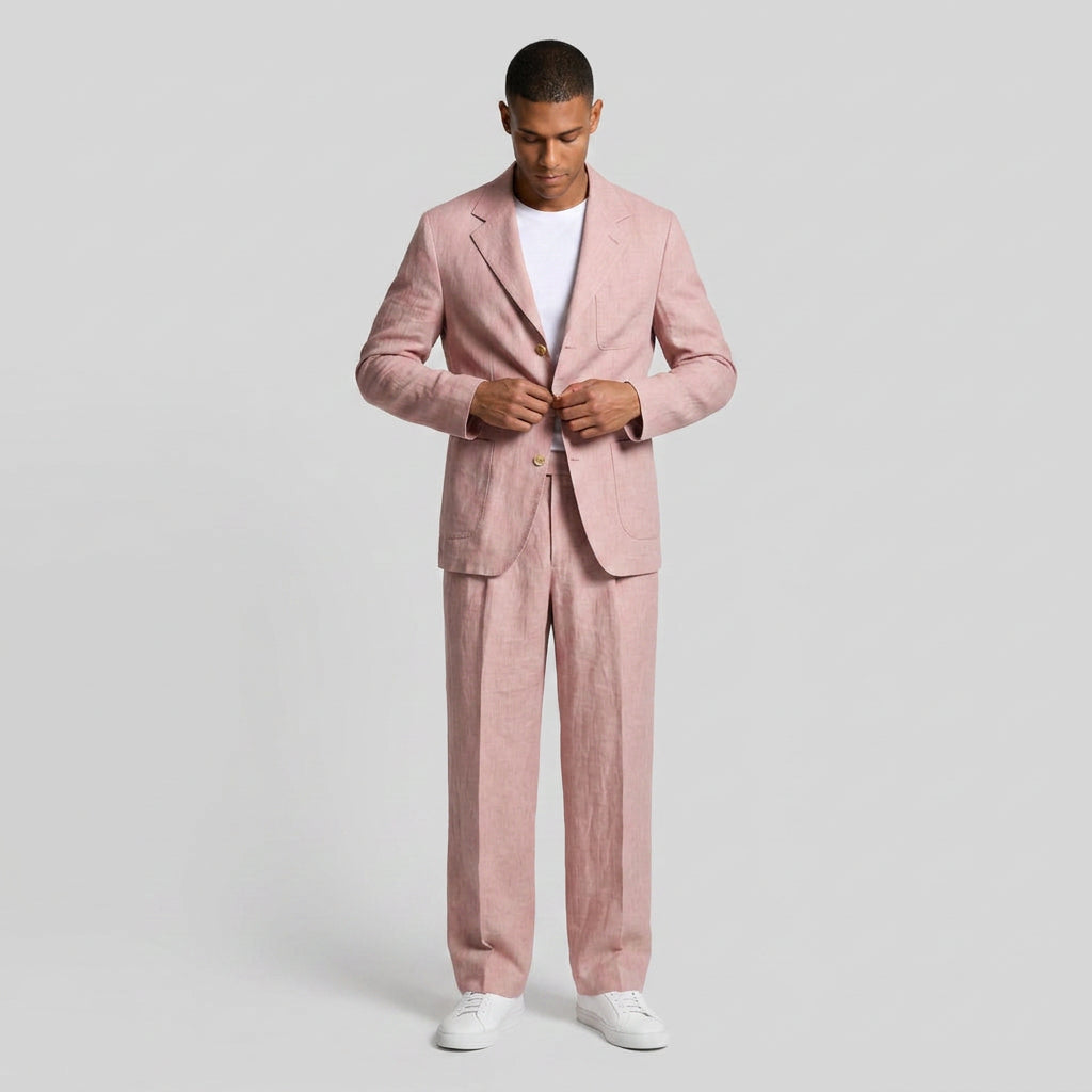 Linen Two-Piece Suit Relaxed Fit Gold Buttons for Men