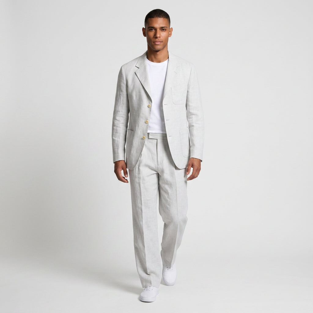 Linen Two-Piece Suit Relaxed Fit Gold Buttons for Men