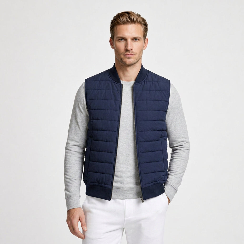 Quilted Bomber Vest Full Zip Ribbed Collar for Men