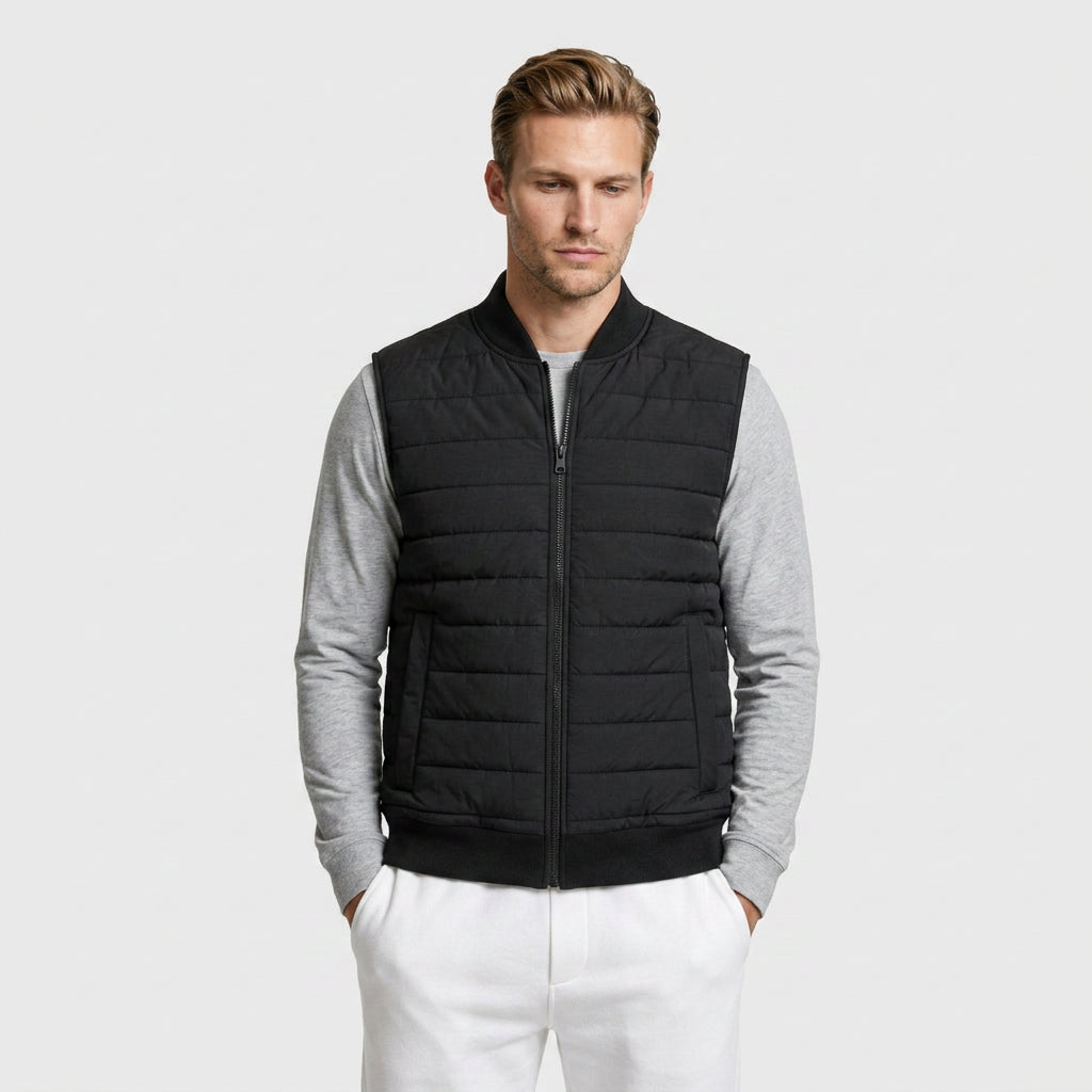 Quilted Bomber Vest Full Zip Ribbed Collar for Men