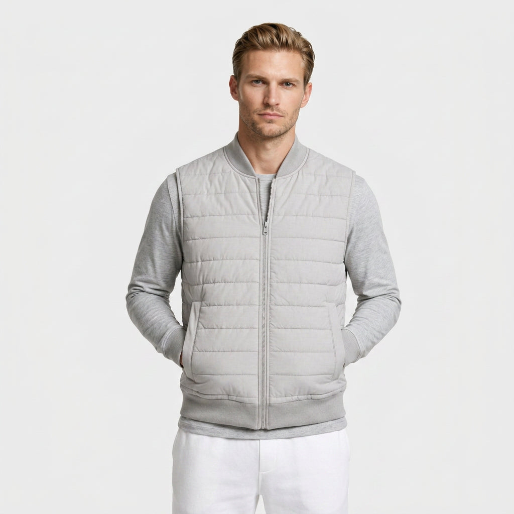 Quilted Bomber Vest Full Zip Ribbed Collar for Men