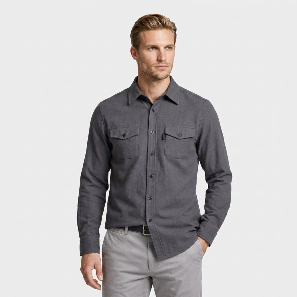 Flannel Overshirt Dual Chest Pockets Long Sleeve for Men