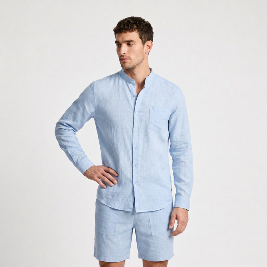 Linen Mandarin Collar Shirt And Shorts Set for Men