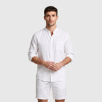 Linen Mandarin Collar Shirt And Shorts Set for Men