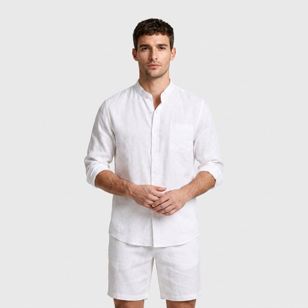 Linen Mandarin Collar Shirt And Shorts Set for Men
