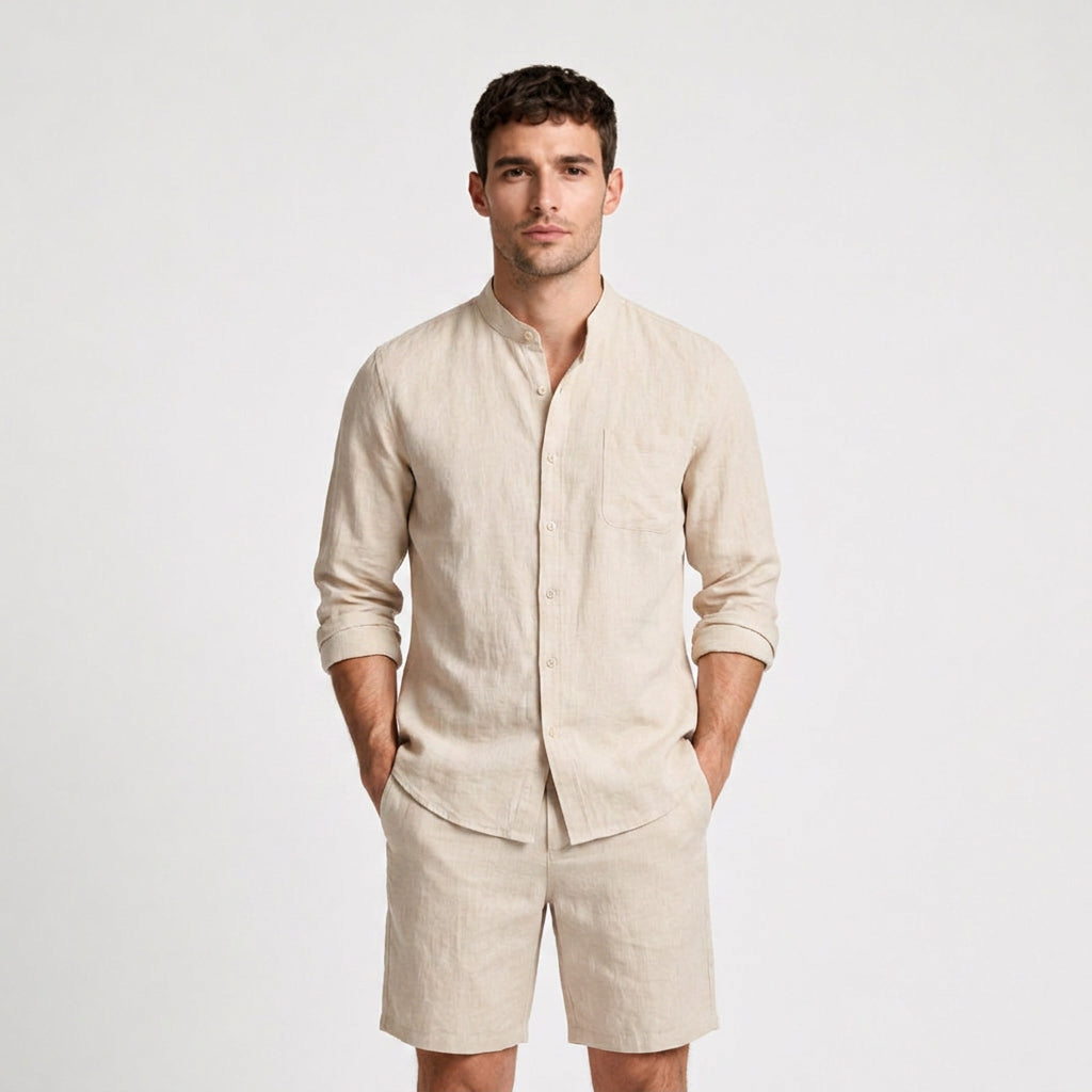 Linen Mandarin Collar Shirt And Shorts Set for Men