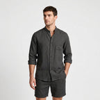 Linen Mandarin Collar Shirt And Shorts Set for Men