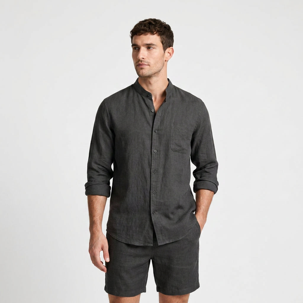 Linen Mandarin Collar Shirt And Shorts Set for Men