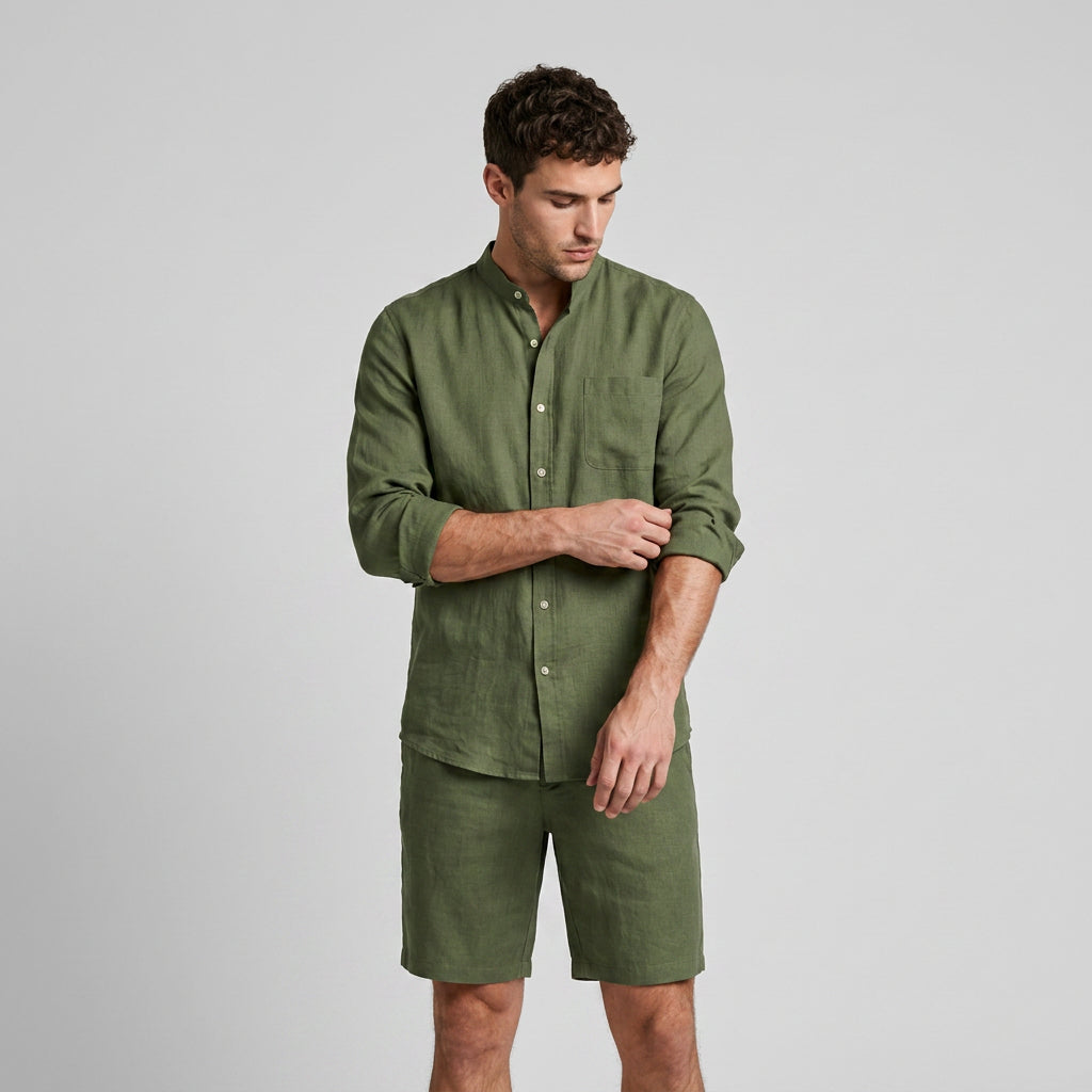 Linen Mandarin Collar Shirt And Shorts Set for Men