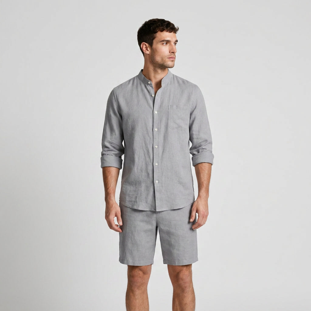 Linen Mandarin Collar Shirt And Shorts Set for Men