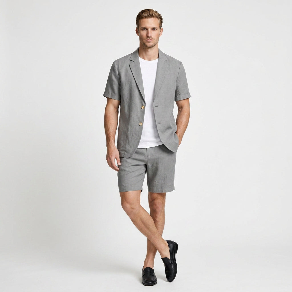 Linen Short Sleeve Blazer And Shorts Set for Men