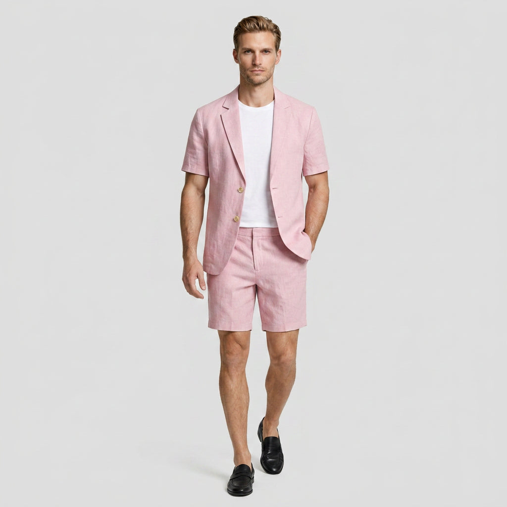 Linen Short Sleeve Blazer And Shorts Set for Men