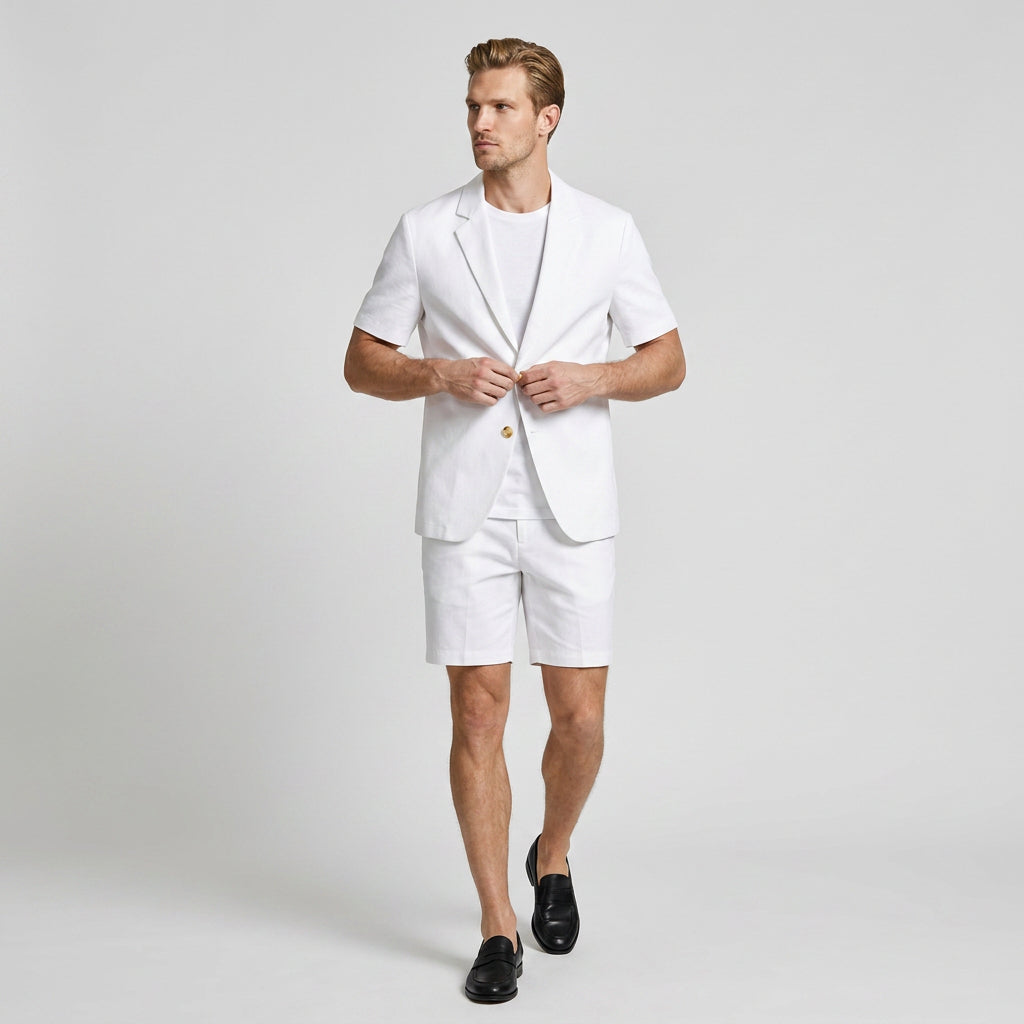 Linen Short Sleeve Blazer And Shorts Set for Men
