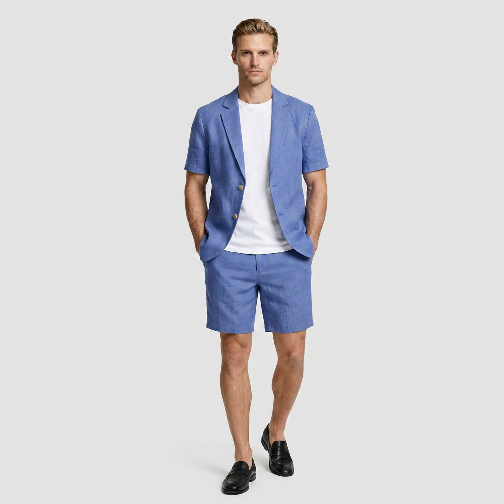 Linen Short Sleeve Blazer And Shorts Set for Men