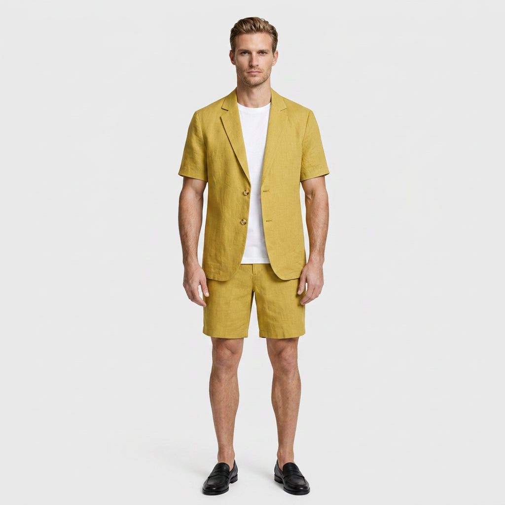 Linen Short Sleeve Blazer And Shorts Set for Men