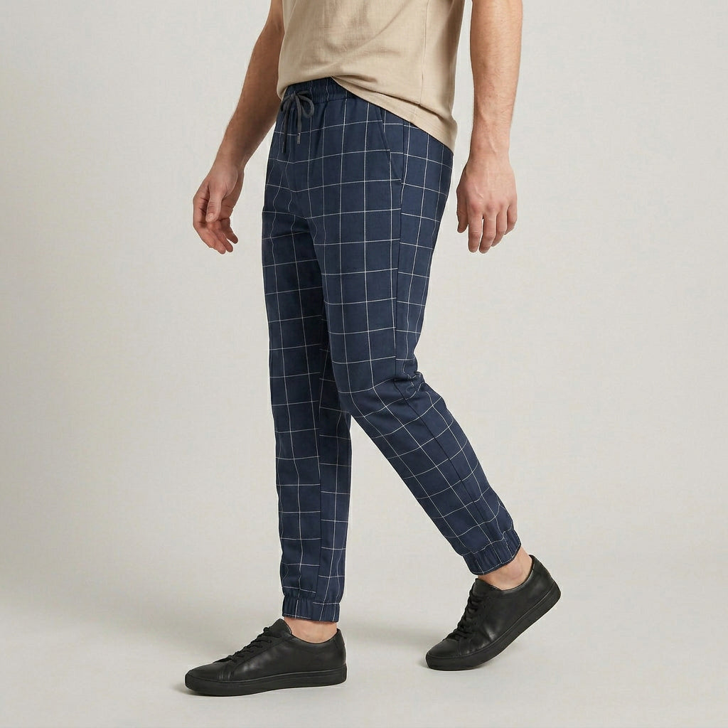 Windowpane Check Jogger Pants Elasticated Waist for Men