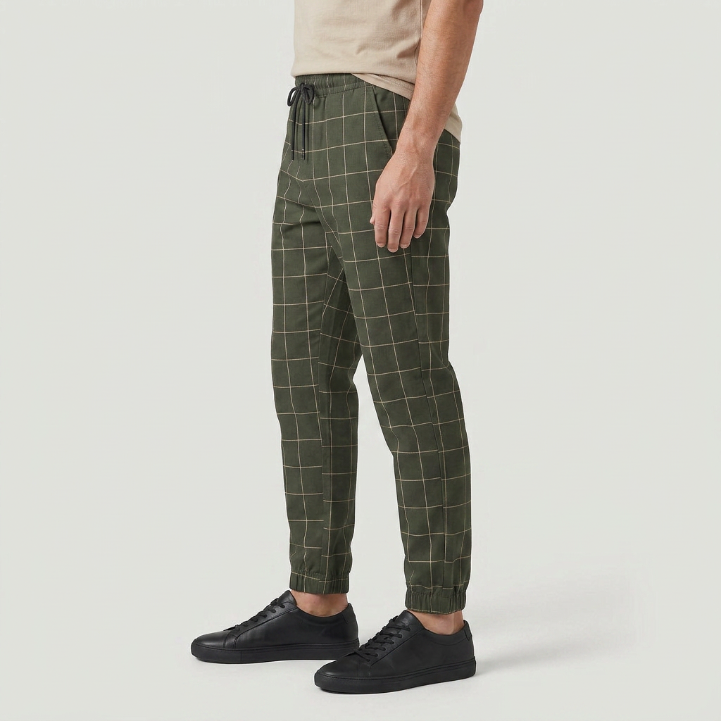 Windowpane Check Jogger Pants Elasticated Waist for Men