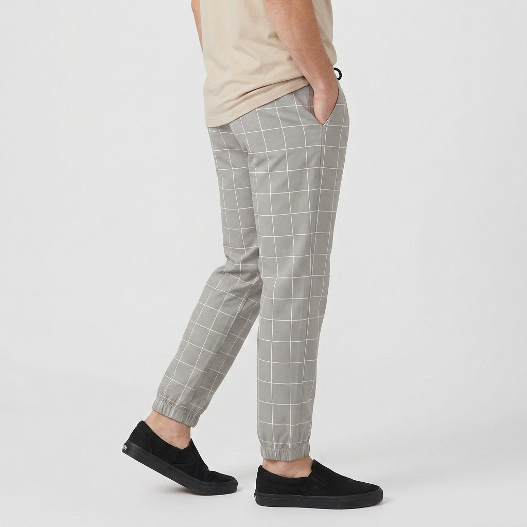 Windowpane Check Jogger Pants Elasticated Waist for Men