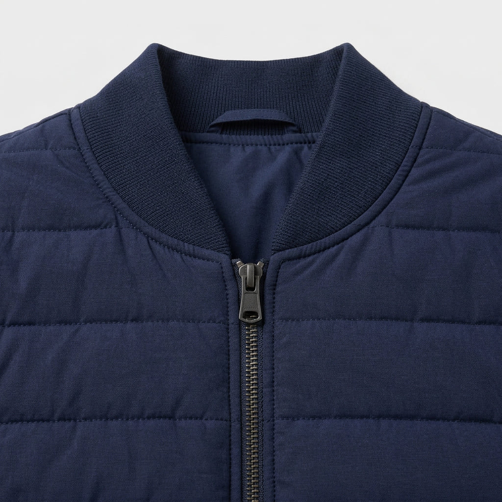 Quilted Bomber Vest Full Zip Ribbed Collar for Men