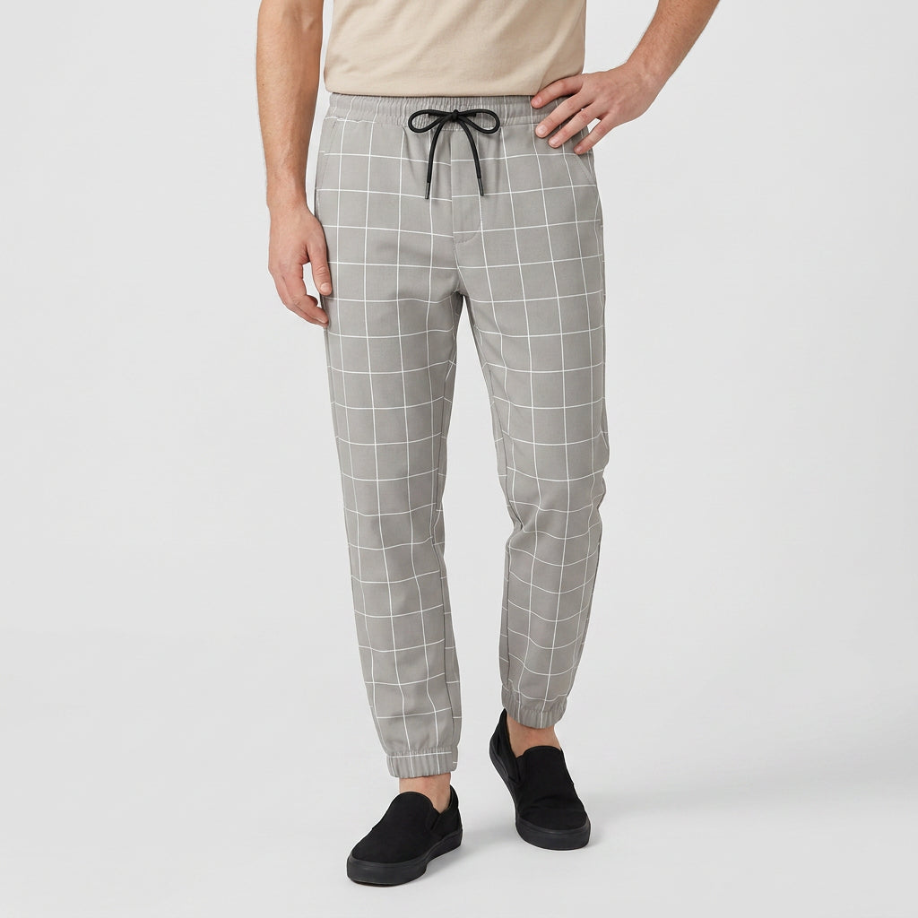 Windowpane Check Jogger Pants Elasticated Waist for Men