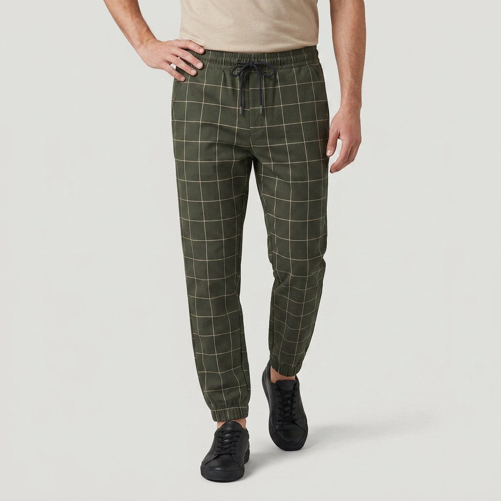 Windowpane Check Jogger Pants Elasticated Waist for Men